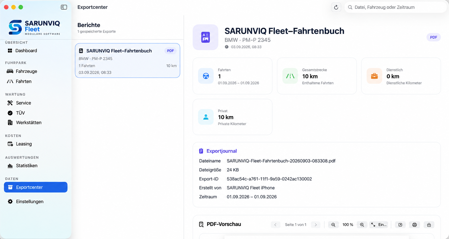 SARUNVIQ Fleet digitales Fahrtenbuch mit Fahrtdaten, Exportjournal, PDF-Export und Dokumentation