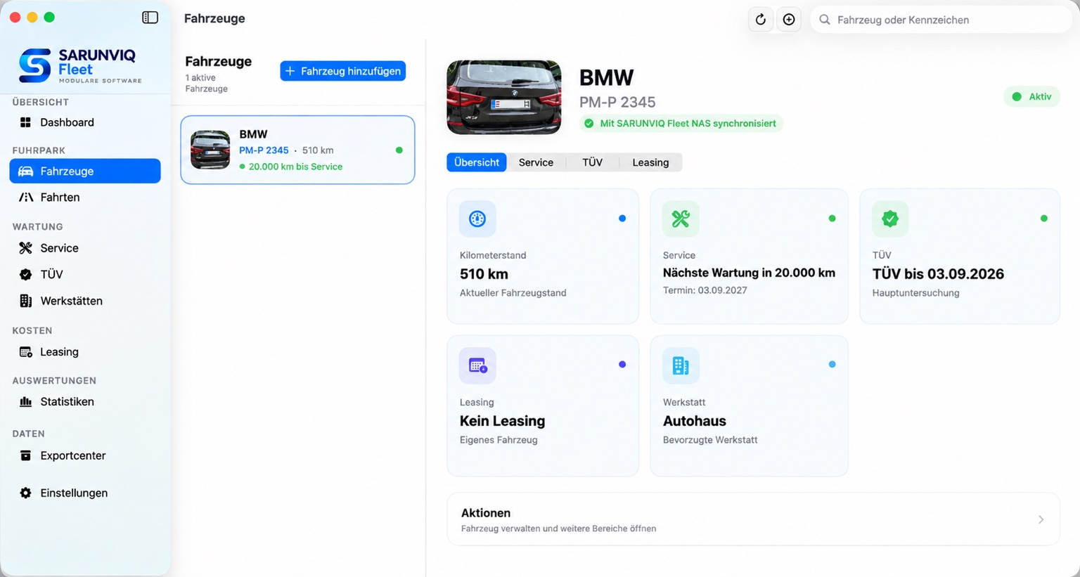 SARUNVIQ Fleet Fahrzeugverwaltung mit Kilometerstand, Service, TÜV, Leasing und Werkstatt