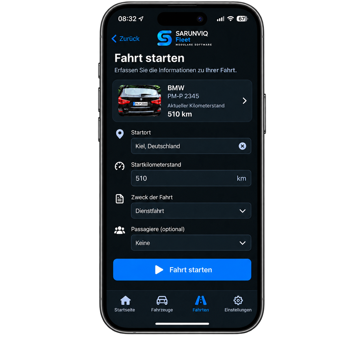 SARUNVIQ Fleet mobile Fahrterfassung auf dem iPhone mit Fahrzeug, Startort, Kilometerstand und Fahrtzweck