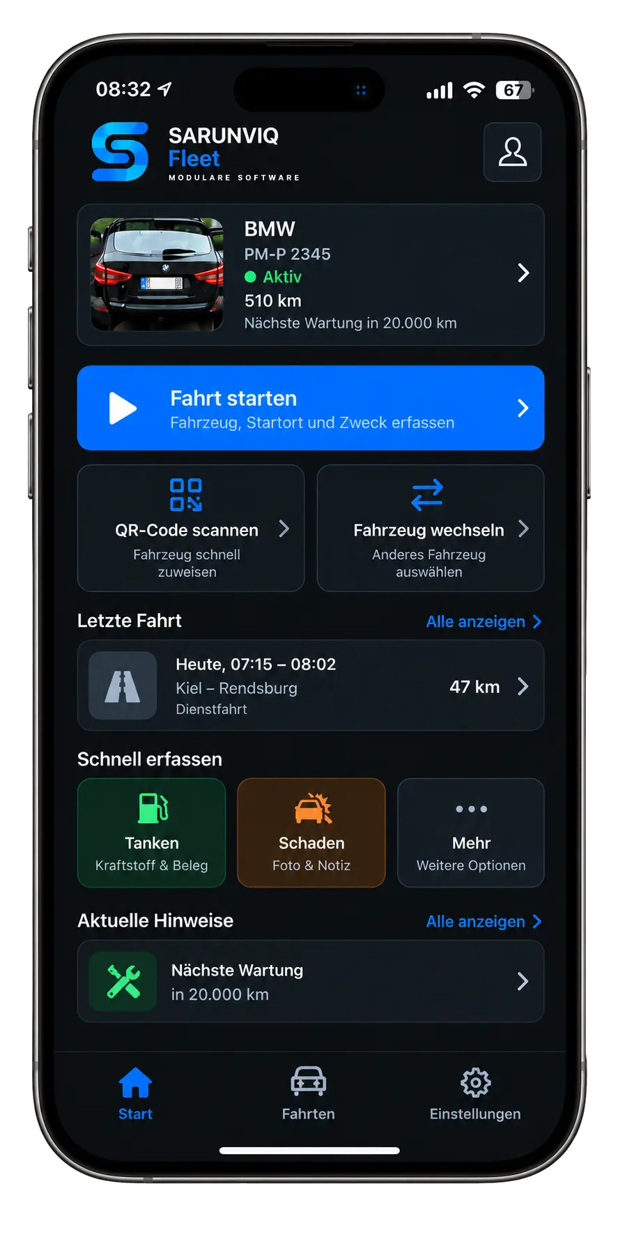 SARUNVIQ Fleet mobile Fahrzeugverwaltung auf dem iPhone mit Fahrzeug, Wartung, Fahrten und Schnellzugriff