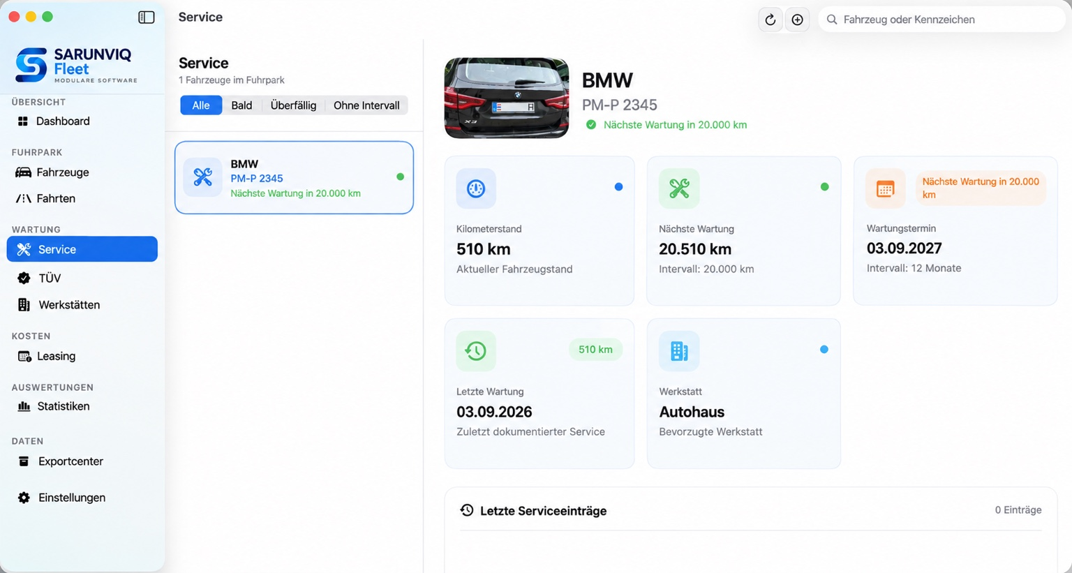 SARUNVIQ Fleet Serviceverwaltung mit Wartung, TÜV, Werkstatt, Kilometerstand und Fahrzeugterminen